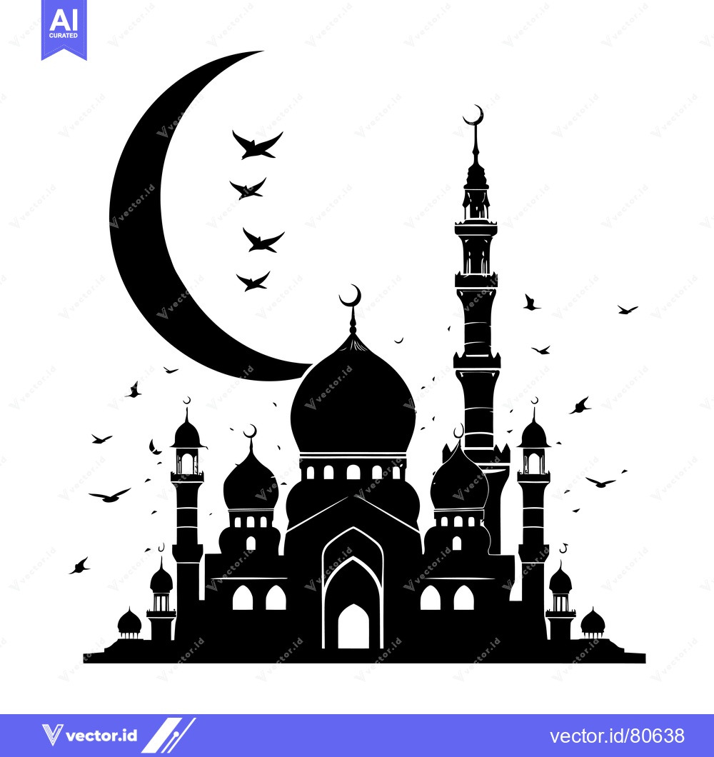 Premium Vector dari A Black and White Silhouette of a Mosque with a Crescent Moon and Flyi
