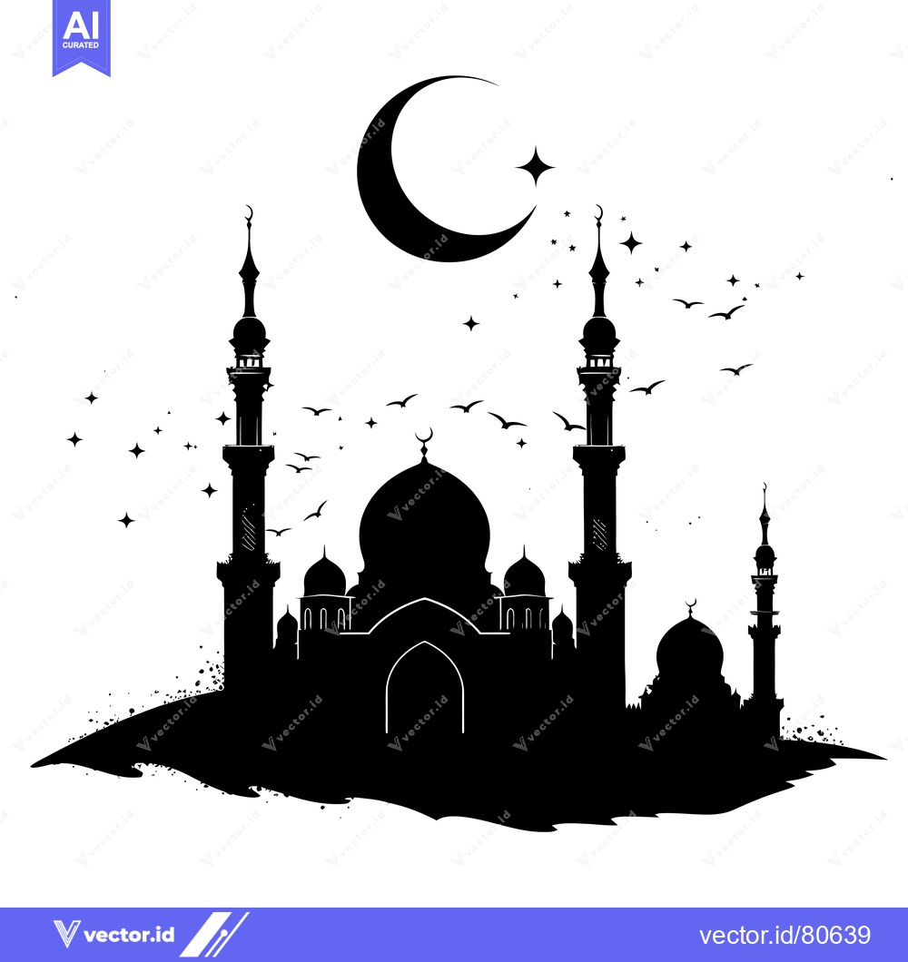 Premium Vector dari Silhouette of a Mosque with Crescent Moon and Stars