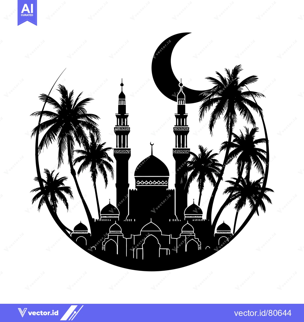 Premium Vector of Silhouette of a mosque with palm trees and a crescent moon