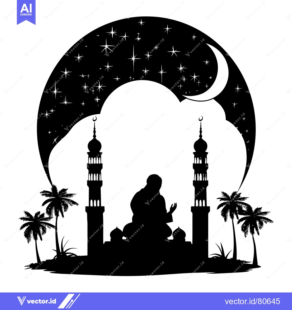 Premium Vector dari Silhouette of a Muslim Praying in Front of a Mosque at Night