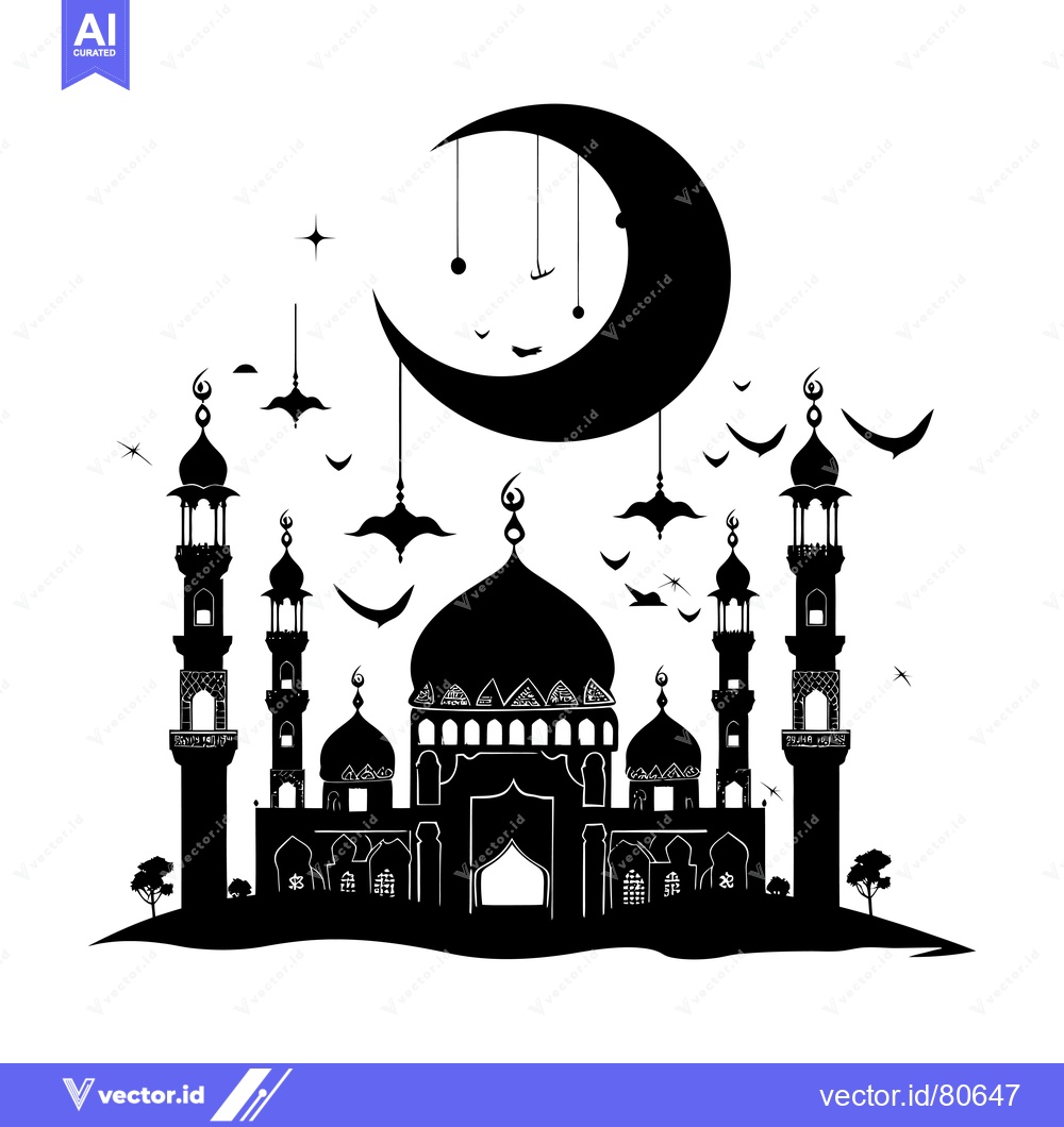Premium Vector dari Silhouette of a mosque with a crescent moon and stars above it