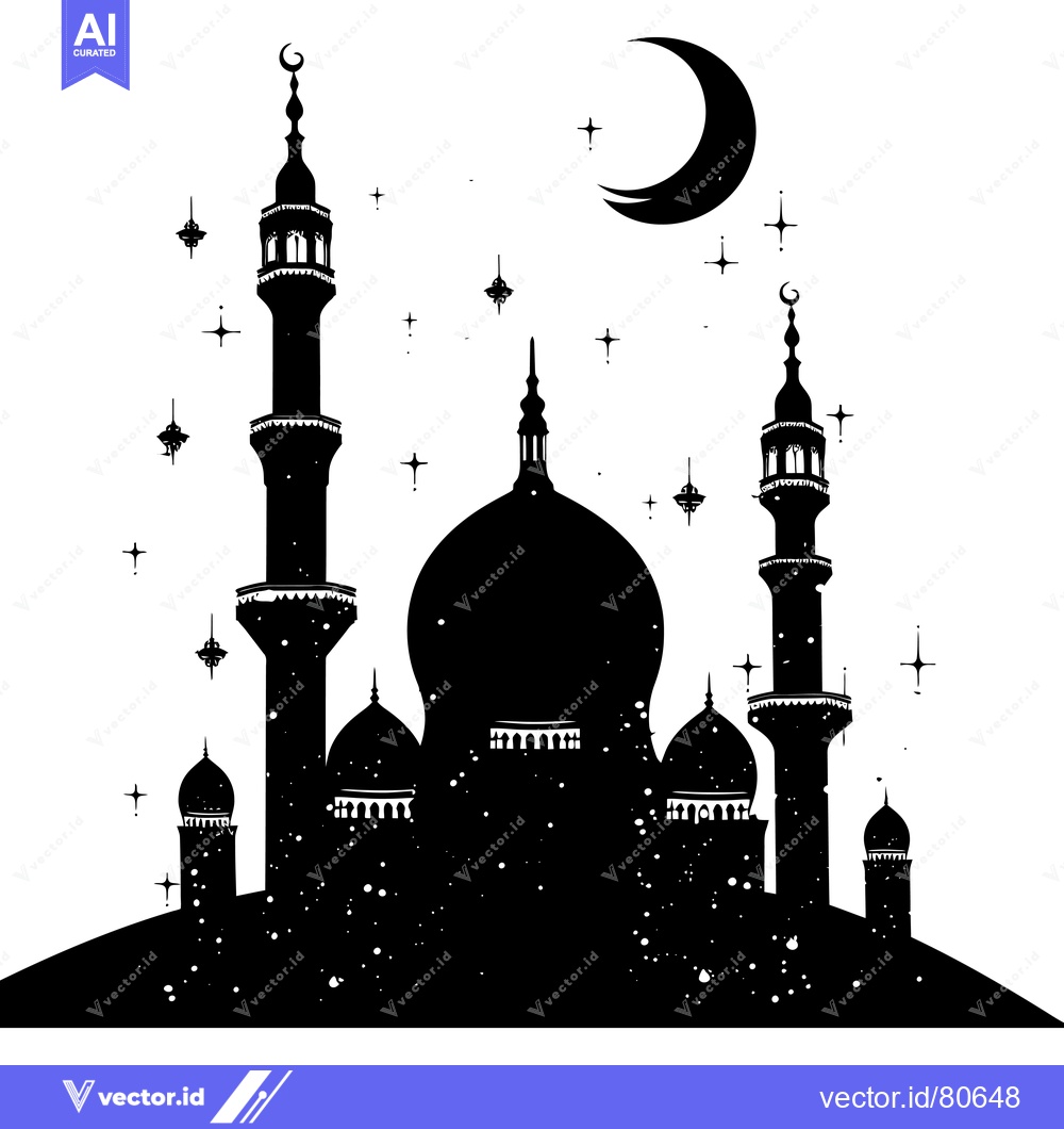Premium Vector of Silhouette of a mosque with a crescent moon and stars