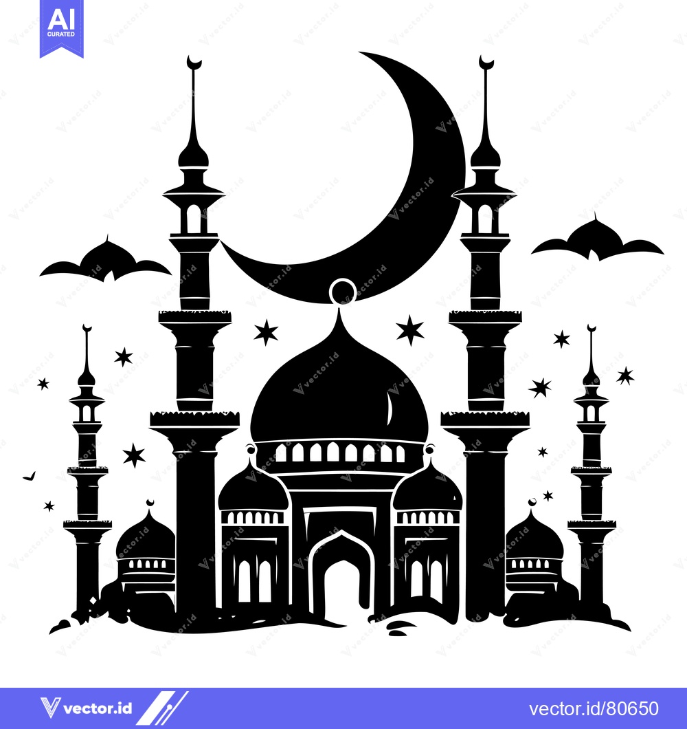 Premium Vector dari Black and White Silhouette of a Mosque with Crescent Moon and Stars