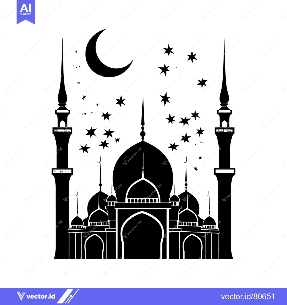Premium Vector dari Black and White Silhouette of a Mosque with a Crescent Moon and Stars