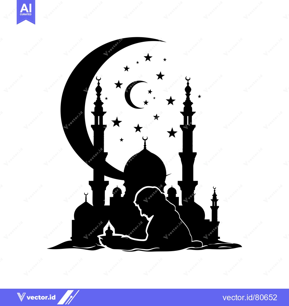 Premium Vector of Silhouette of a Muslim Praying in Front of a Mosque Under a Crescent M