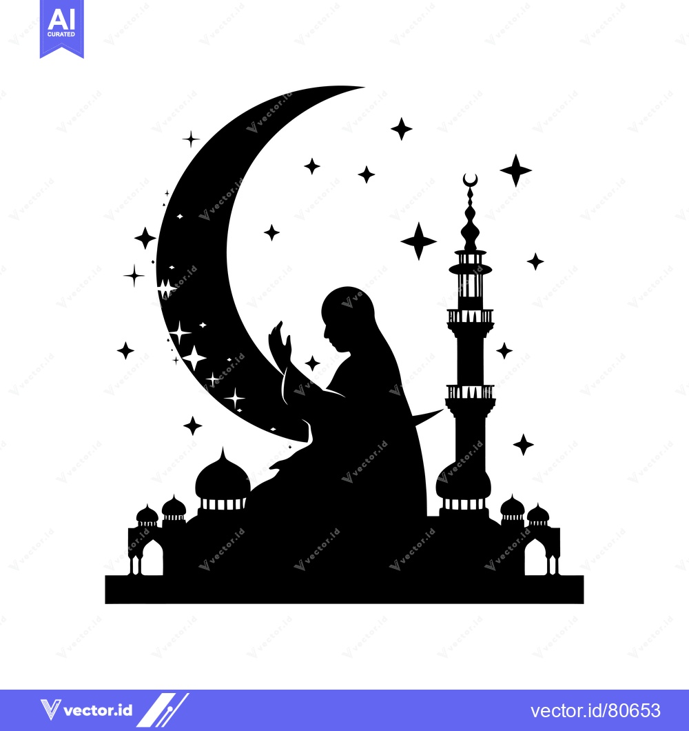 Premium Vector of Silhouette of a Person Praying in Front of a Mosque with a Crescent Mo