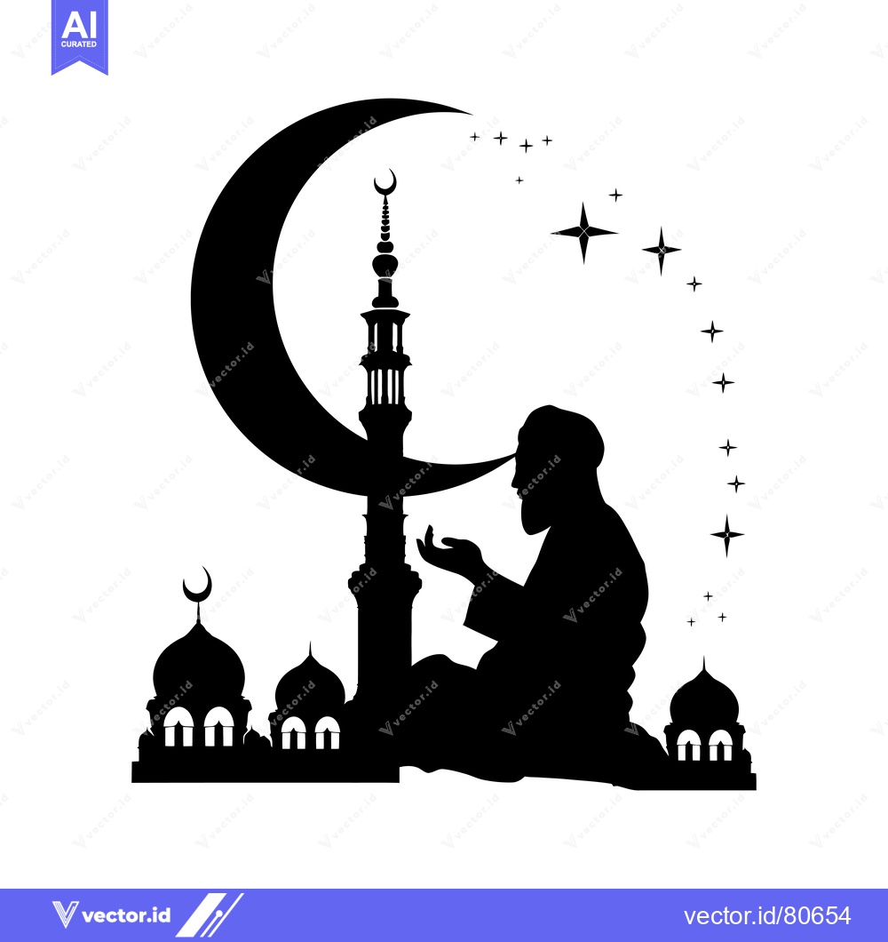 Premium Vector dari Silhouette of a Muslim Man Praying in Front of a Mosque with a Crescen