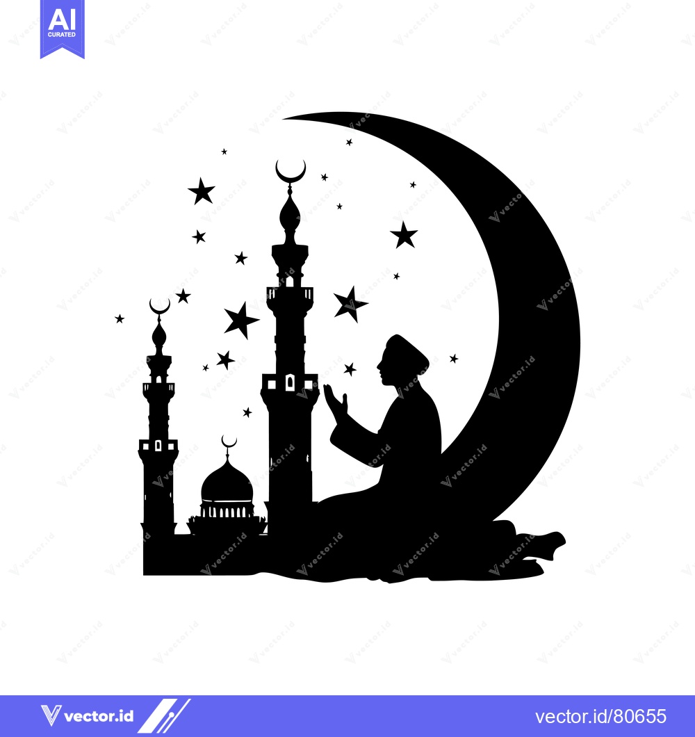 Premium Vector of Silhouette of a Muslim Praying in Front of a Mosque Under a Crescent M