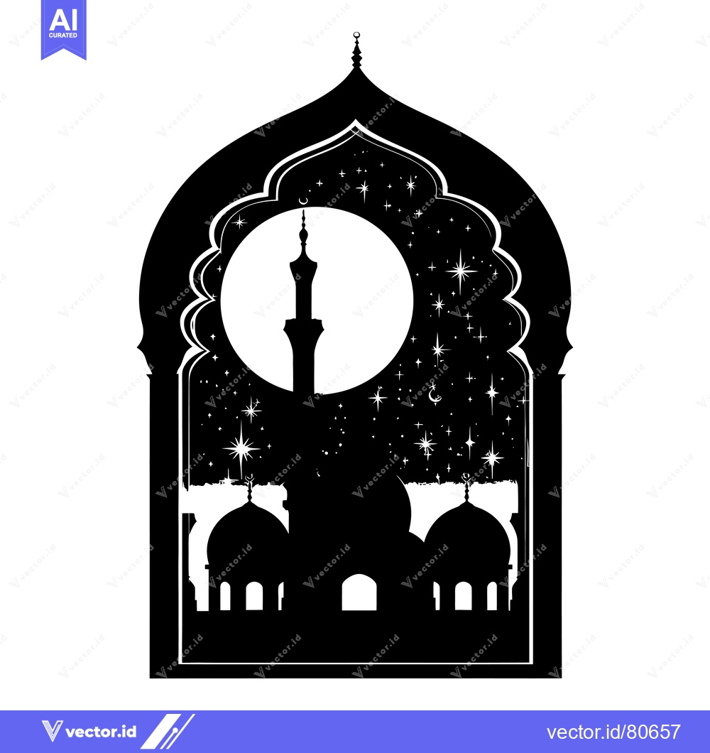 Premium Vector of Silhouette of a mosque with minaret and moon in an archway window
