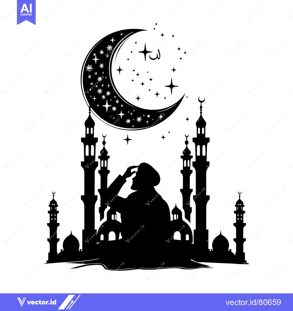 Premium Vector of Silhouette of a Man Praying in Front of a Mosque Under a Crescent Moon