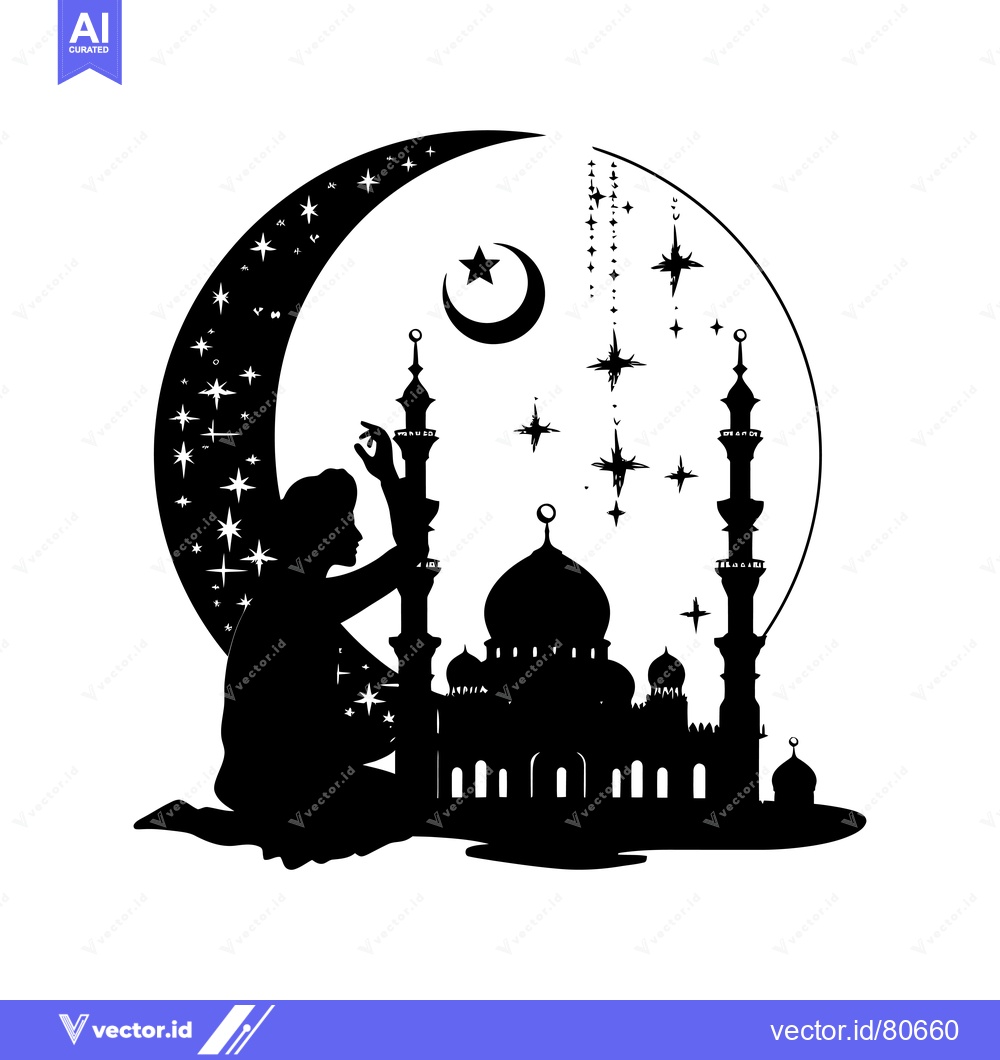 Premium Vector dari Silhouette of a Person Praying Before a Mosque Under a Crescent Moon a