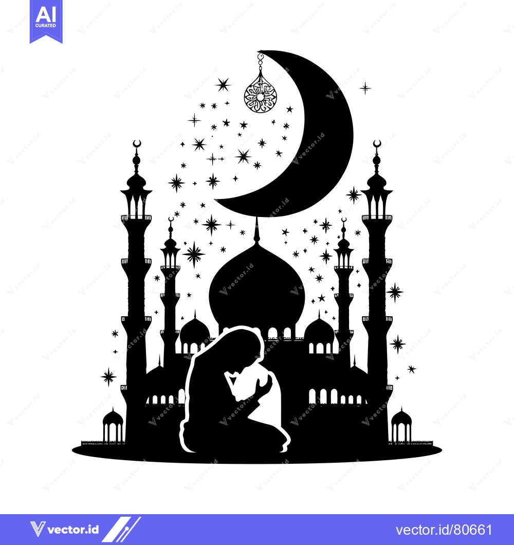 Premium Vector dari Silhouette of a Muslim Praying in Front of a Mosque Under a Crescent M