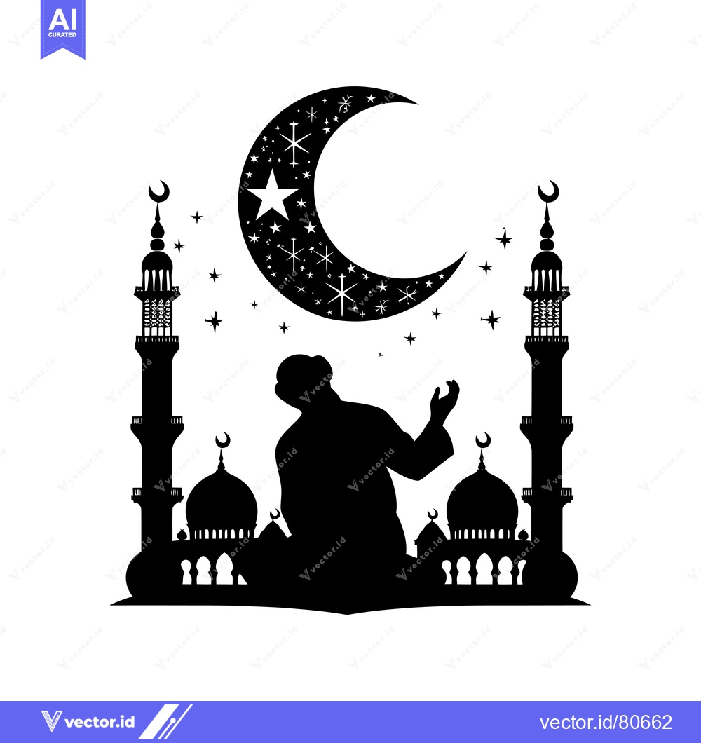 Premium Vector dari Silhouette of a Muslim Man Praying in Front of a Mosque with a Crescen