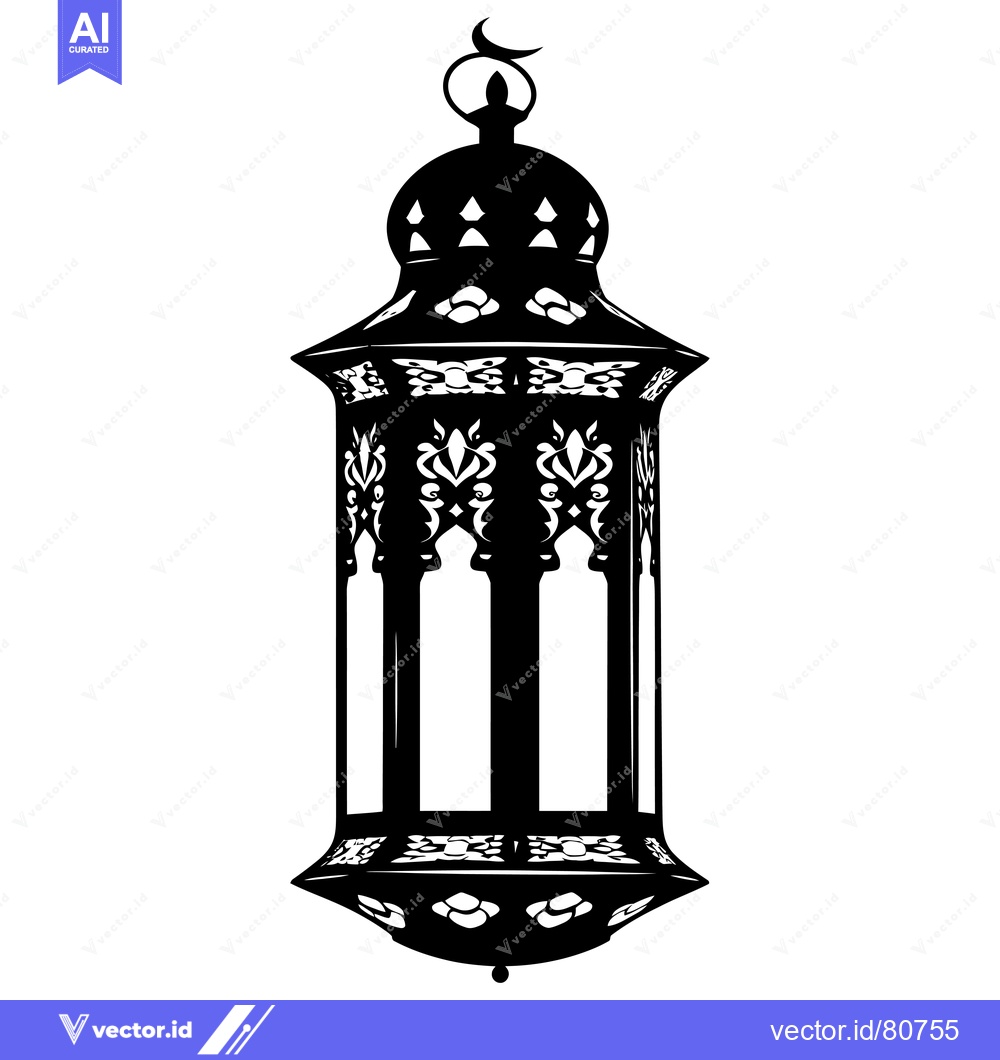 Premium Vector of Ornate Black and White Hanging Lantern with Crescent Moon
