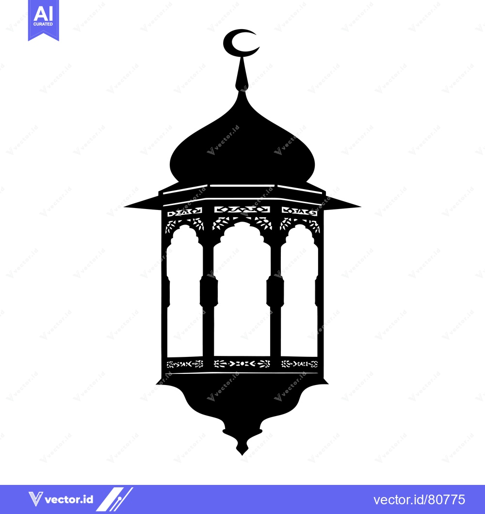 Premium Vector of Black and White Silhouette of an Ornate Islamic Lantern with a Crescen
