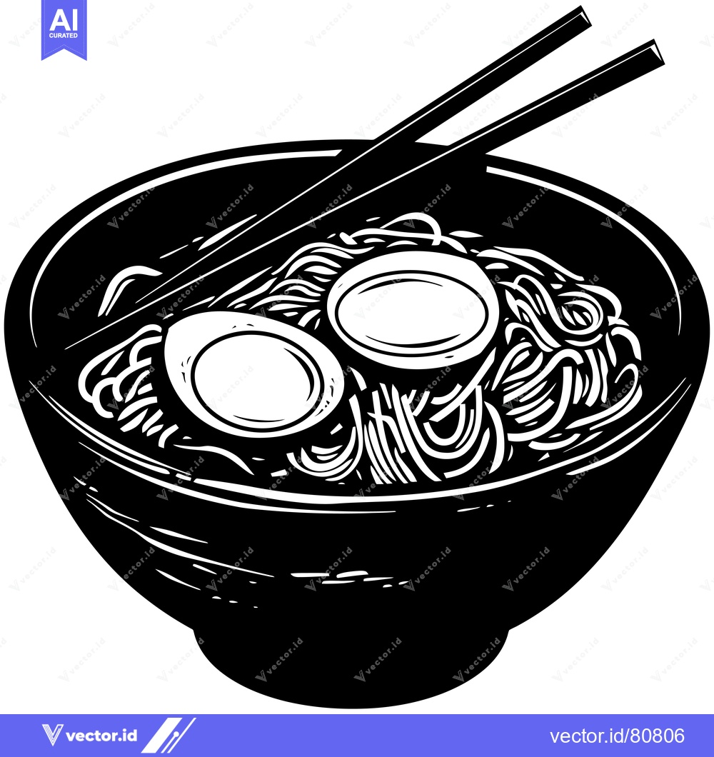 Premium Vector of Black and White Illustration of a Bowl of Ramen Noodles with Chopstick
