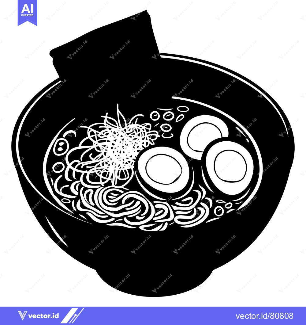 Premium Vector of Black and White Illustration of a Bowl of Ramen with Eggs