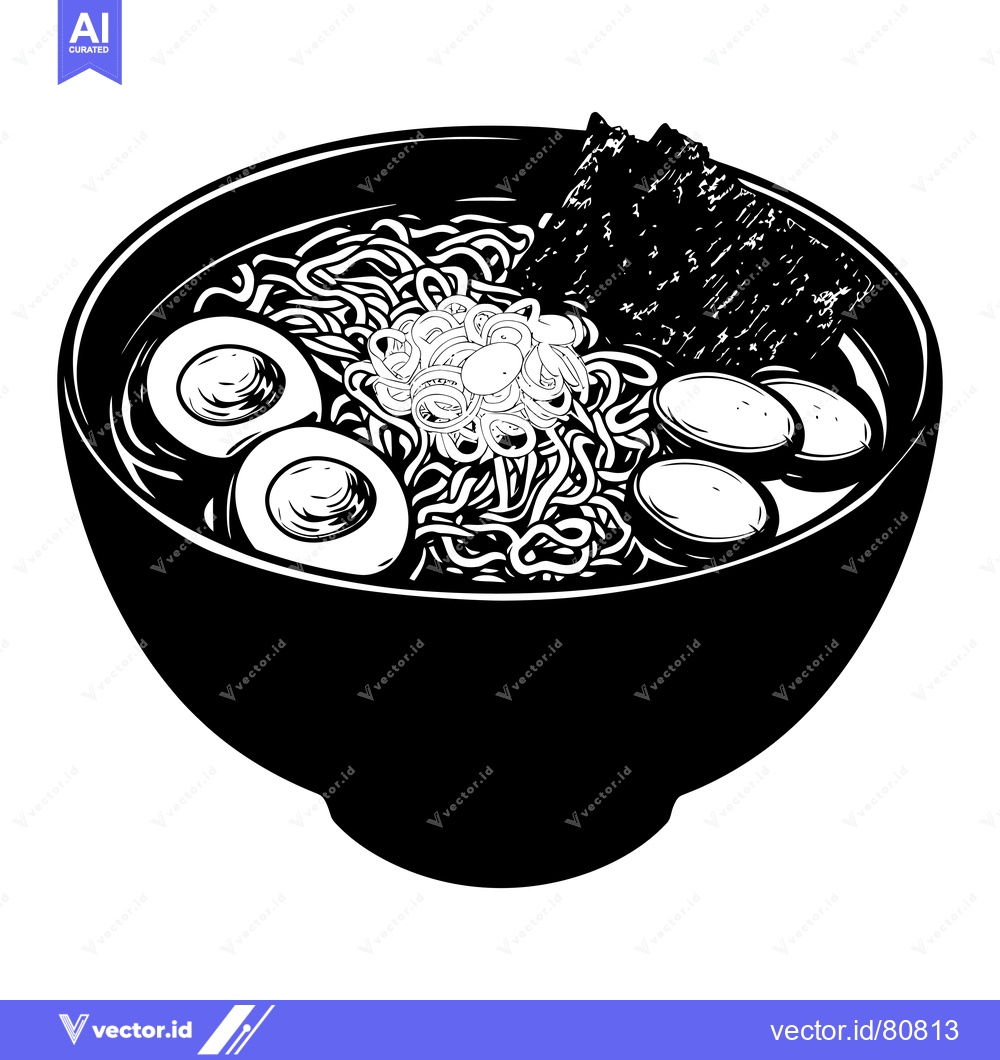Premium Vector dari Black and white illustration of a bowl of ramen with noodles, eggs, an