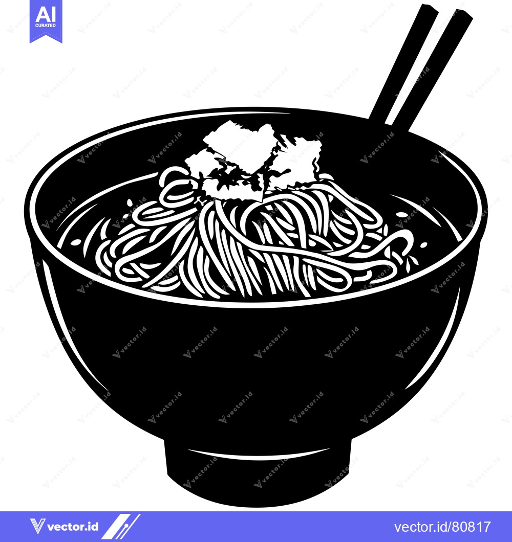Premium Vector of Black and White Silhouette of a Bowl of Noodles with Chopsticks