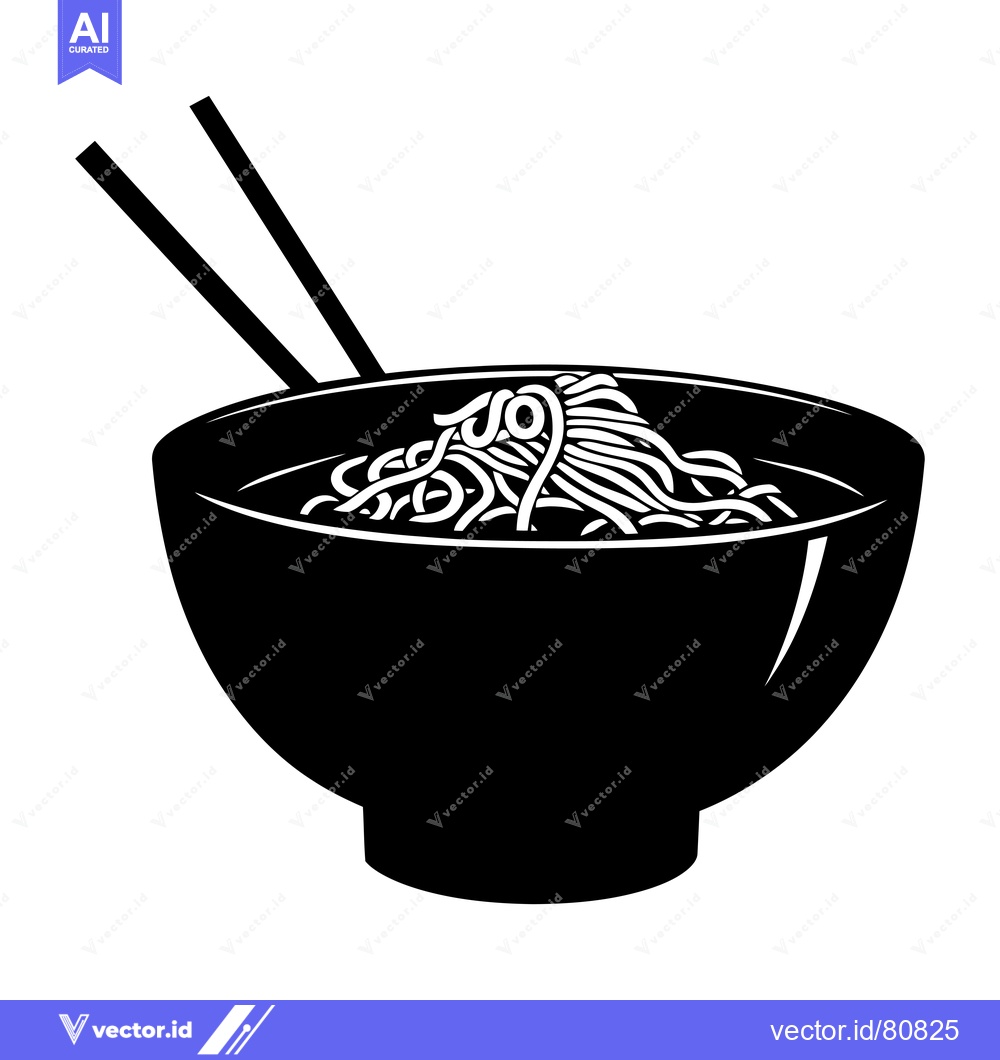 Premium Vector of Black and White Illustration of a Bowl of Noodles and Chopsticks