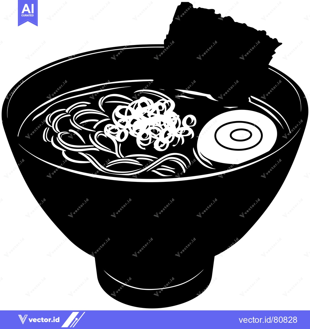 Premium Vector of Black and White Silhouette of a Bowl of Ramen with Toppings