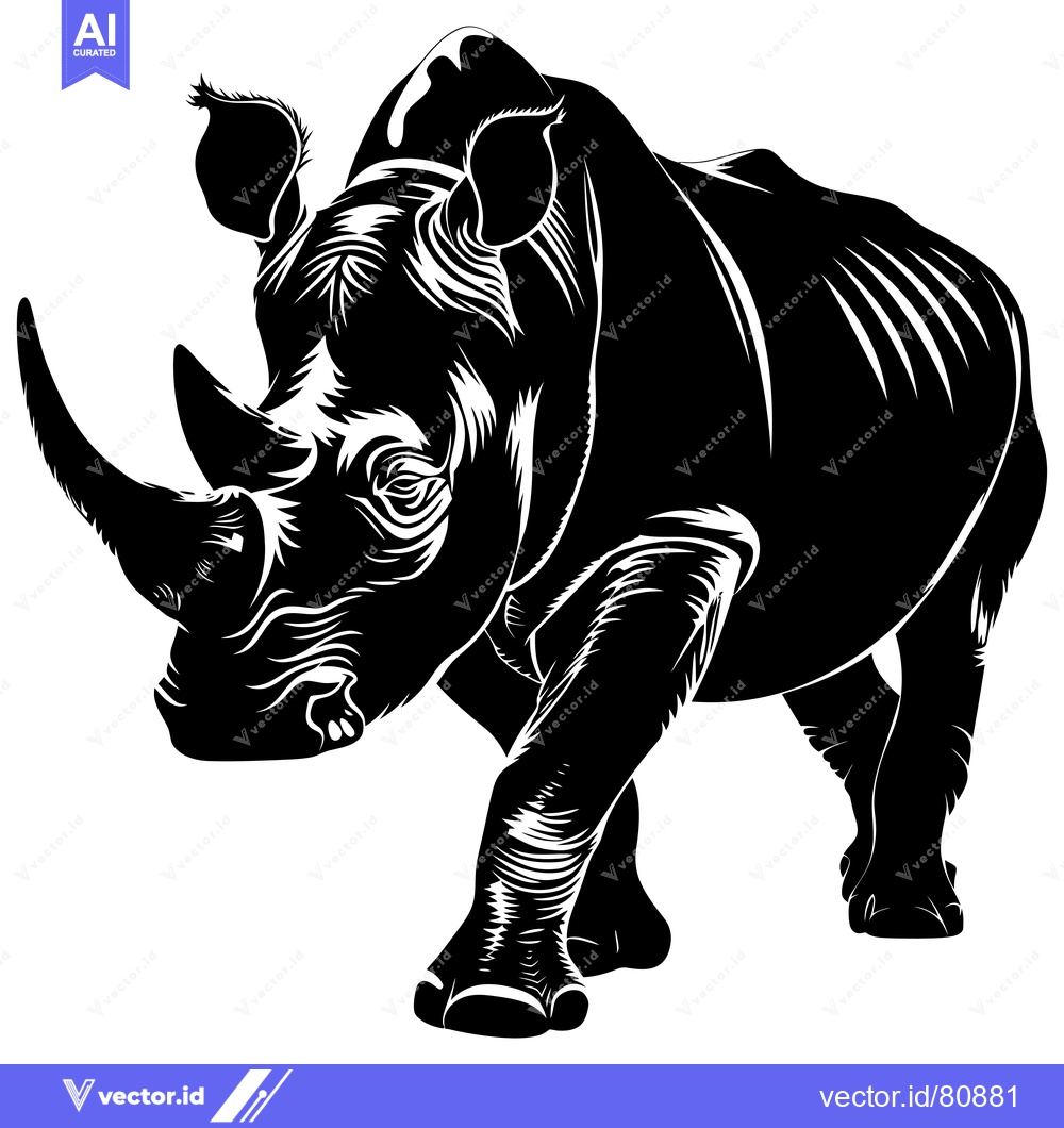 Premium Vector of Black and White Silhouette of a Charging Rhinoceros
