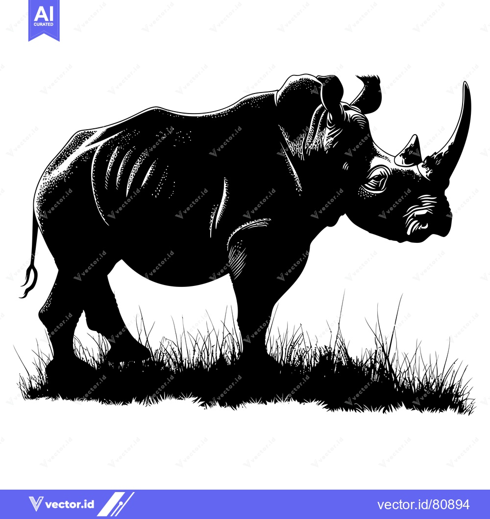 Premium Vector dari Black and White Silhouette of a Rhino in Grass