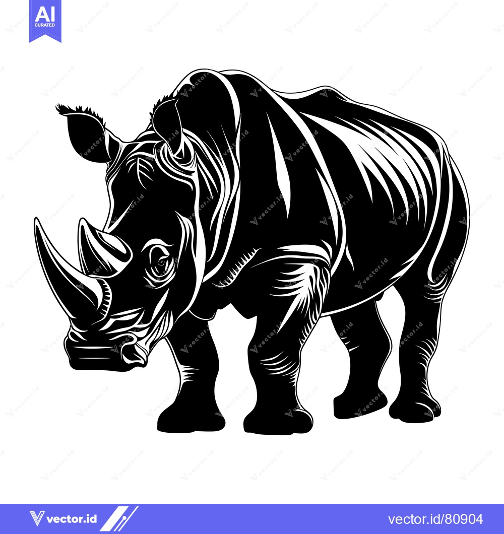 Premium Vector of Black and White Silhouette of a Rhino Standing with a Large Horn