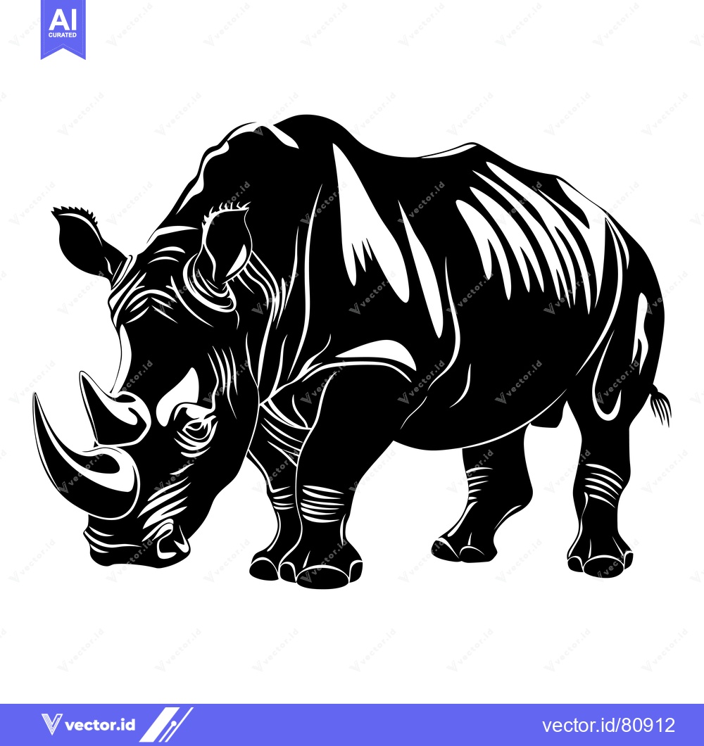 Premium Vector of Black and White Illustration of a Standing Rhinoceros