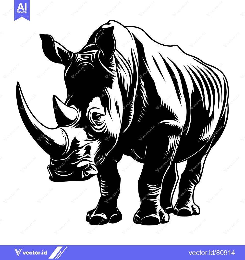 Premium Vector of Black and White Illustration of a Rhino Standing