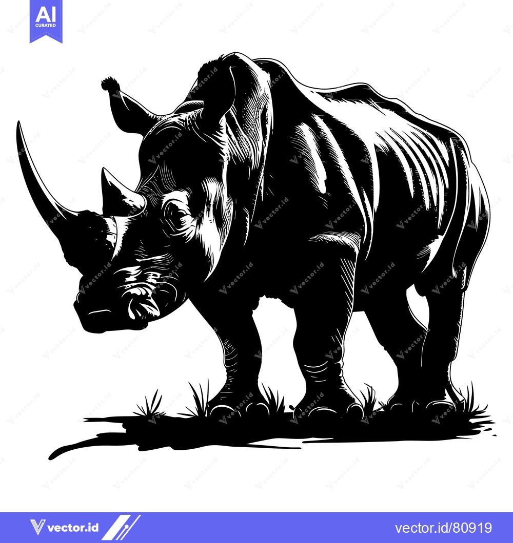 Premium Vector of Black and White Illustration of a Rhinoceros Standing in Grass
