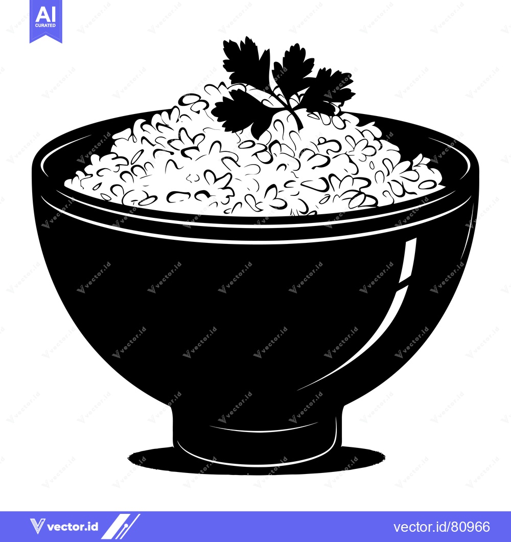 Premium Vector of Black and White Illustration of Rice in a Bowl with Parsley