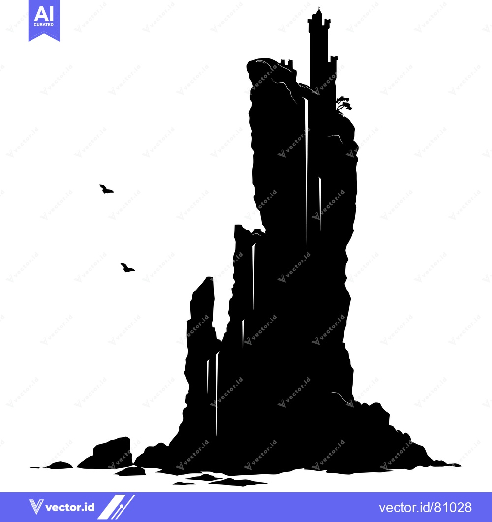 Premium Vector of Black and White Silhouette of a Cliffside Castle with Flying Birds