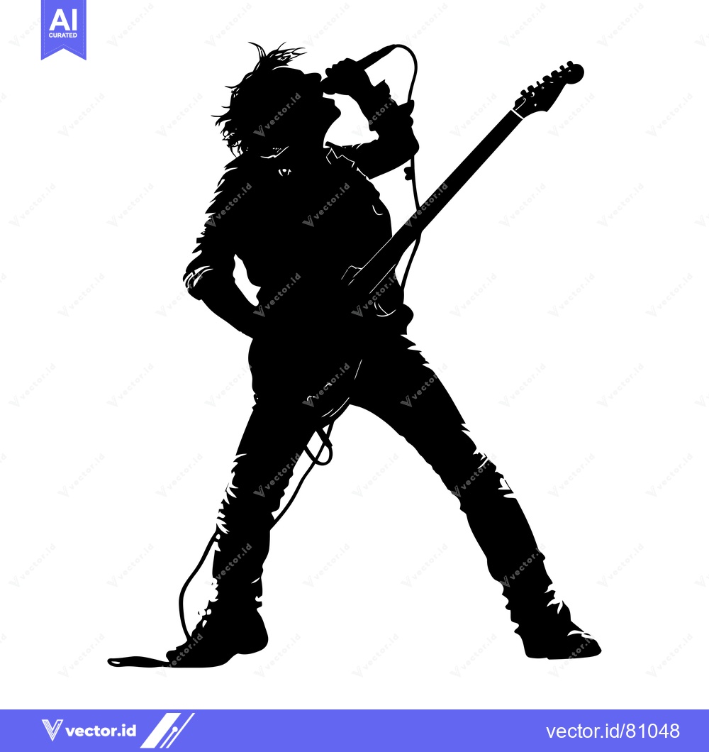Premium Vector dari Silhouette of a Rock Musician Singing and Playing Guitar