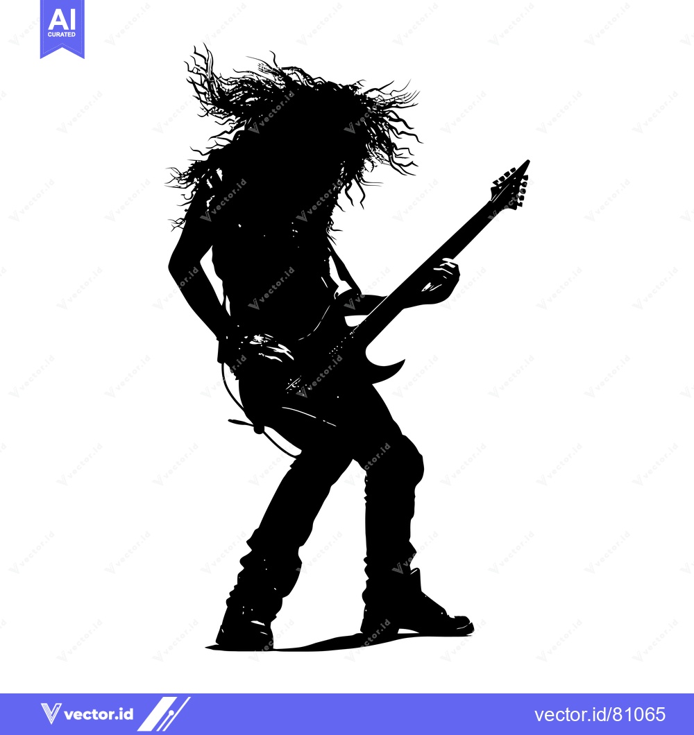 Premium Vector dari Silhouette of a Rock Star with Long Hair Playing an Electric Guitar