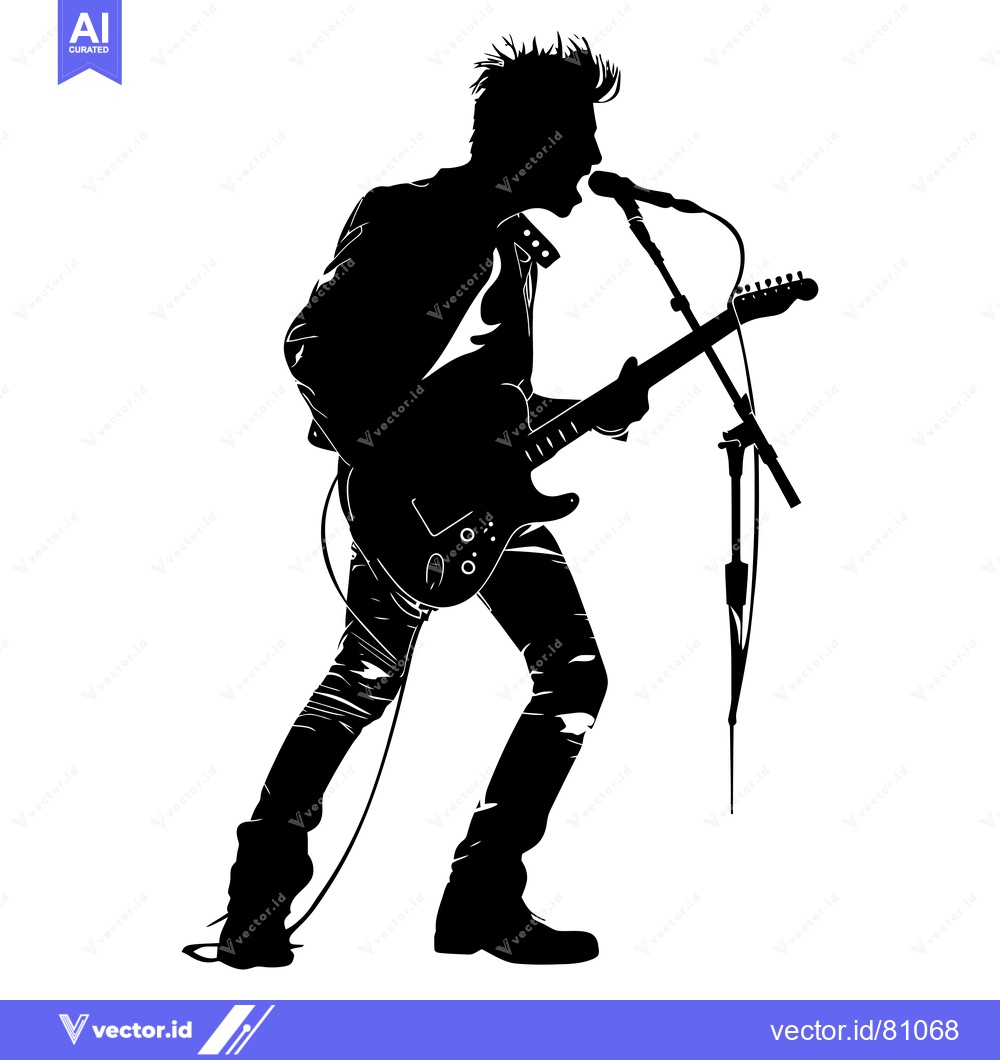 Premium Vector dari Silhouette of a Rock Musician Performing with Guitar and Microphone
