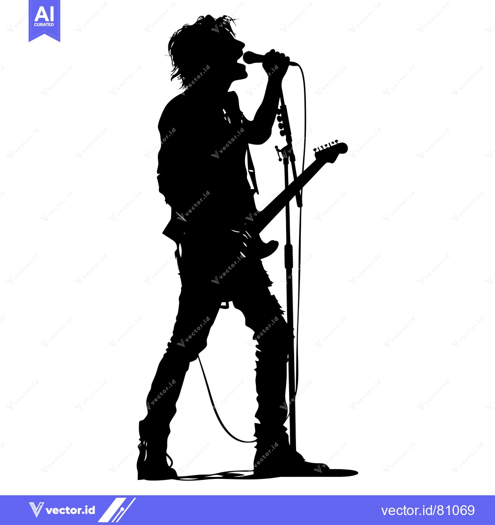 Premium Vector dari Silhouette of a rock musician performing with a guitar and microphone