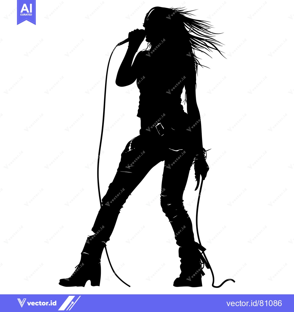 Premium Vector dari Silhouette of a Female Singer with Microphone and Long Flowing Hair