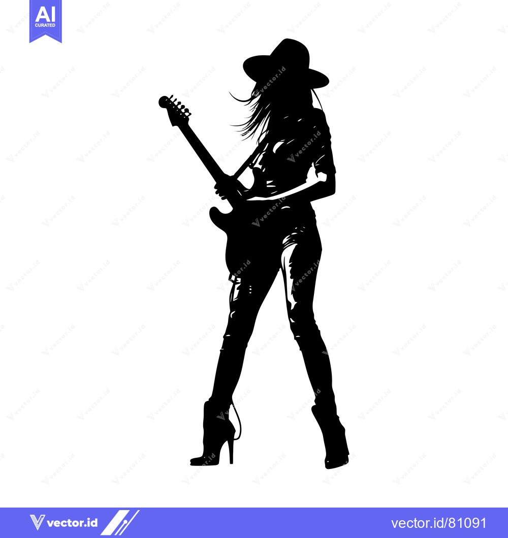Premium Vector dari Silhouette of a Woman in a Hat Playing an Electric Guitar