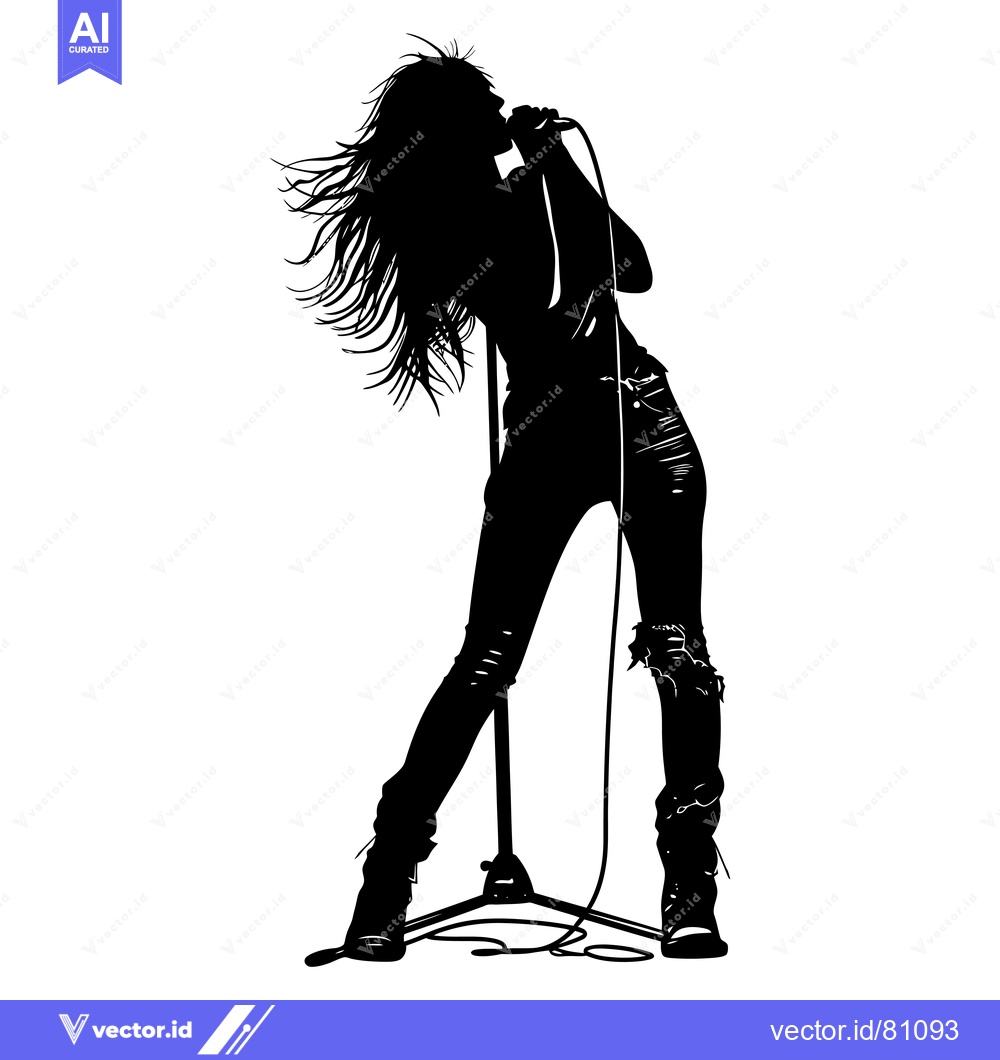 Premium Vector dari Silhouette of a Female Rock Singer Holding a Microphone