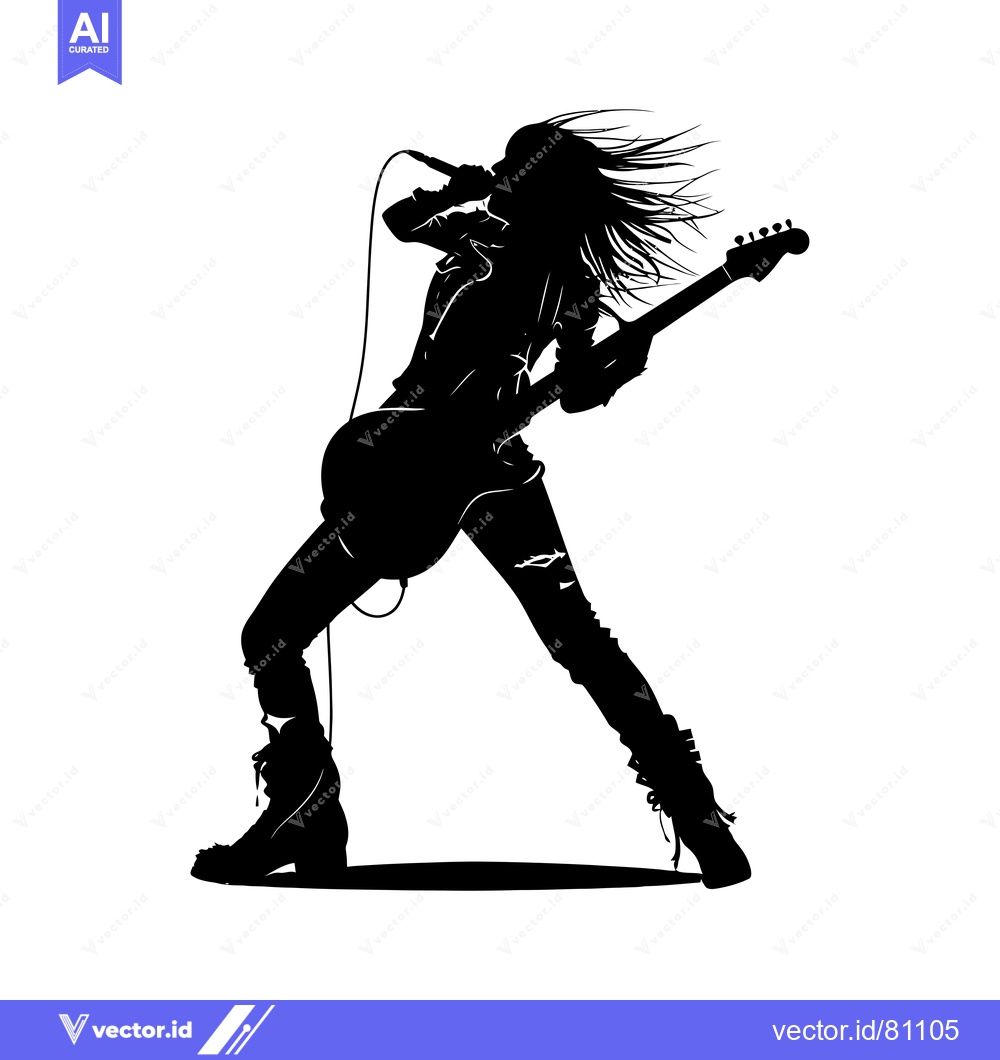 Premium Vector of Silhouette of a female rock star singing into a microphone while playi