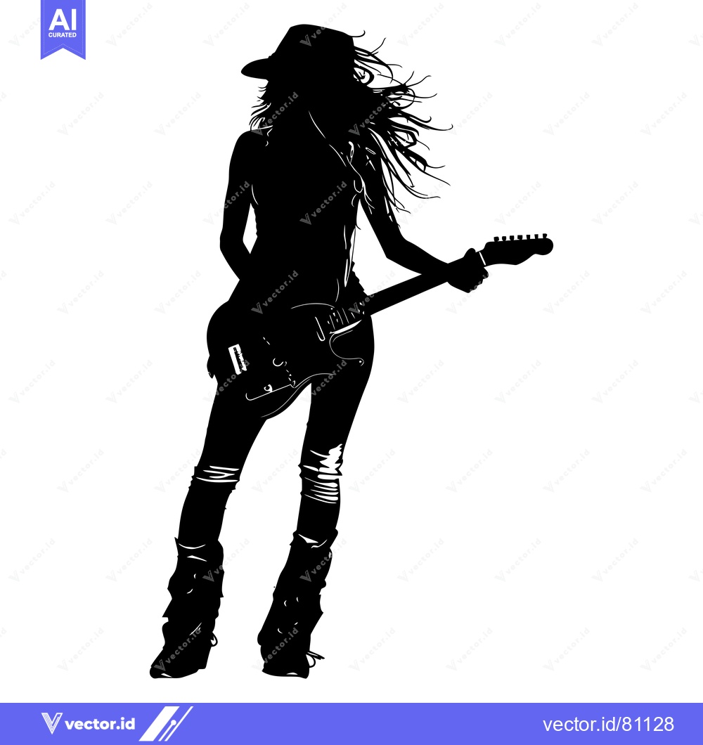 Premium Vector dari Silhouette of a woman playing an electric guitar with long hair and a