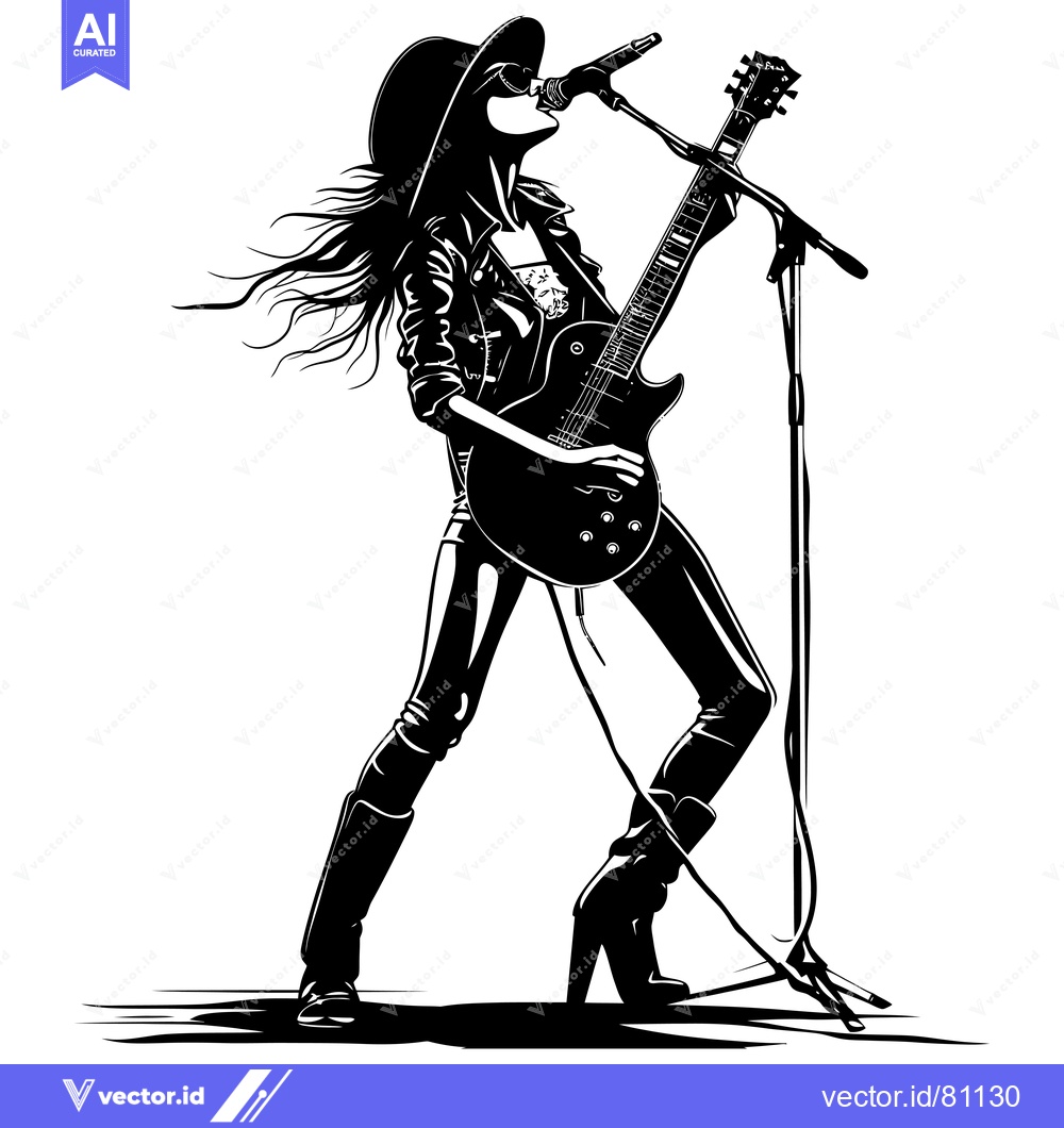 Premium Vector dari A Silhouette of a Female Rock Star Performing with a Guitar and Microp