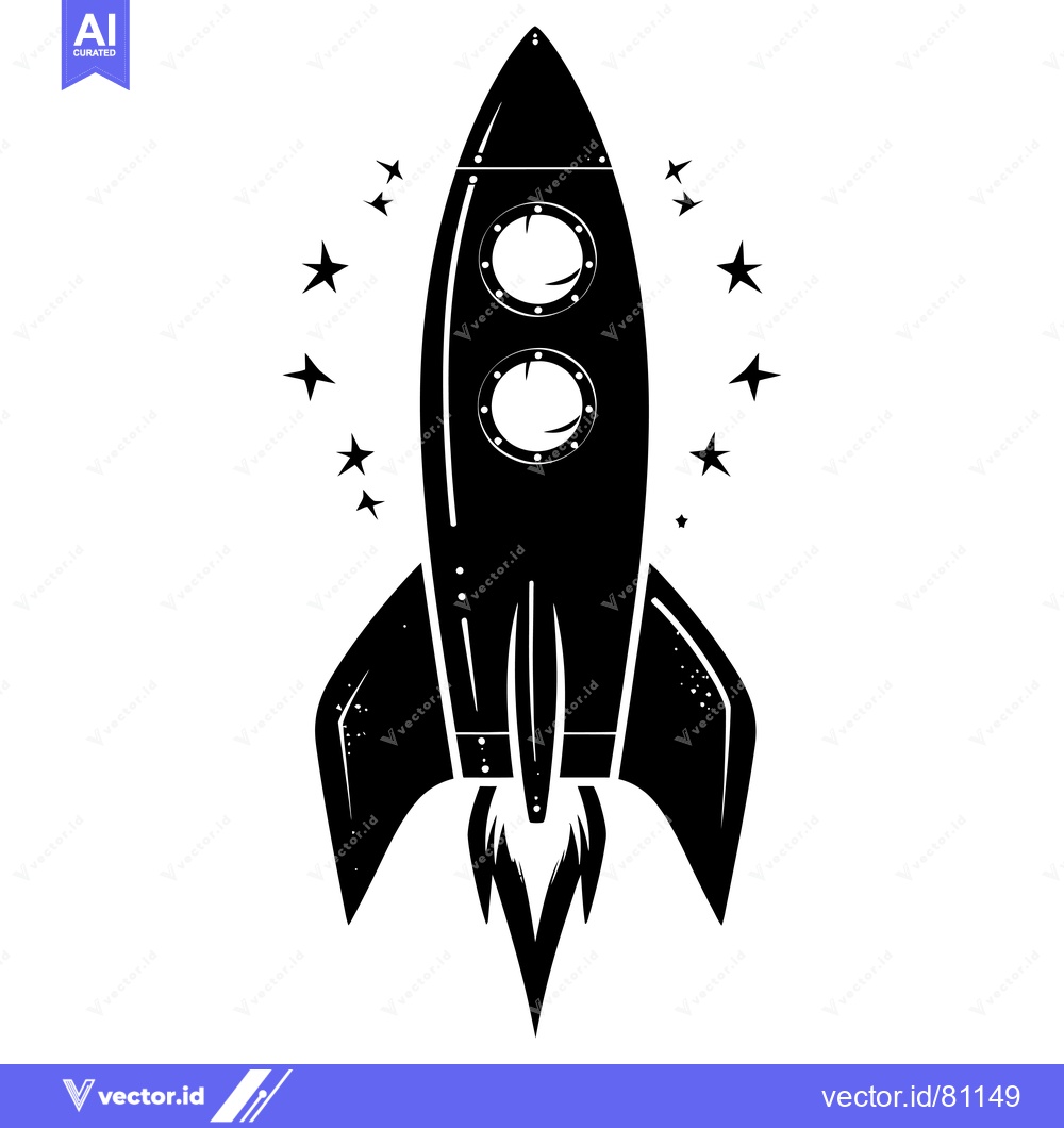 Premium Vector of Black and white illustration of a rocket ship taking off surrounded by