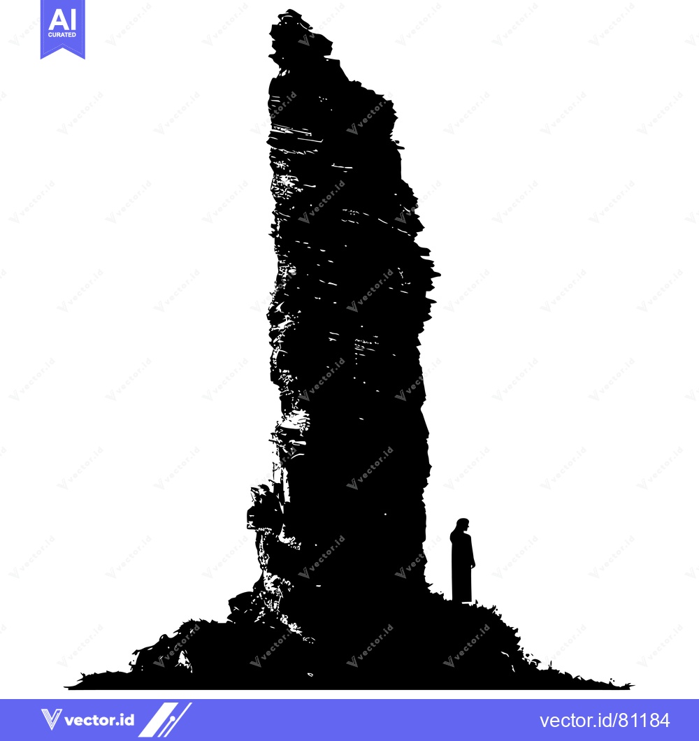Premium Vector dari Silhouette of a Tall, Slender Rock Formation with a Small Figure Stand