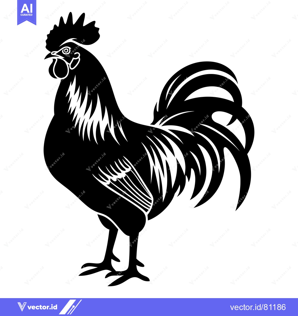 Premium Vector dari A black and white silhouette of a rooster with a large tail