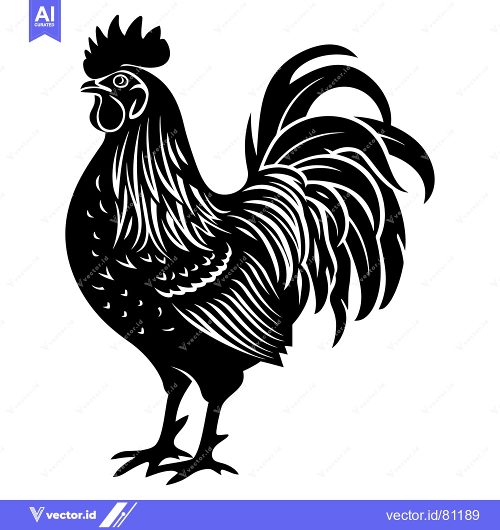 Premium Vector dari Black and White Illustration of a Rooster with a Large Tail