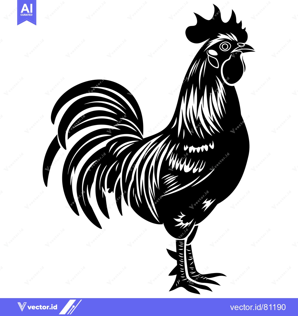Premium Vector of Black and White Illustration of a Rooster with a Large Tail