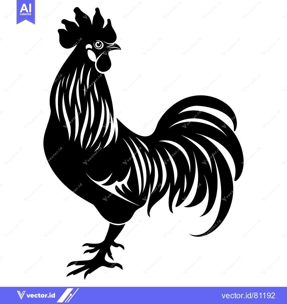 Premium Vector dari Black and white silhouette of a rooster with a long tail