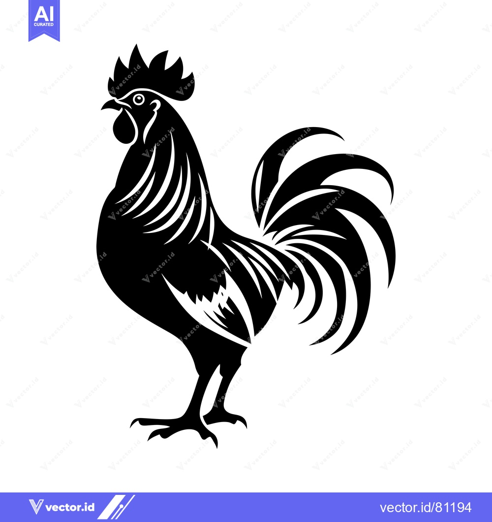 Premium Vector dari Black and White Silhouette of a Rooster with a Large Tail